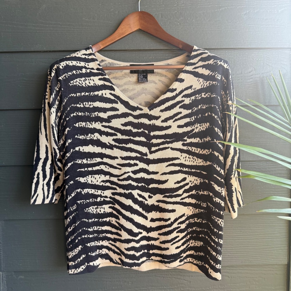 August Silk Zebra Animal Print Silk Blend Knit Top XL V Neck‎ Dolman Sleeve